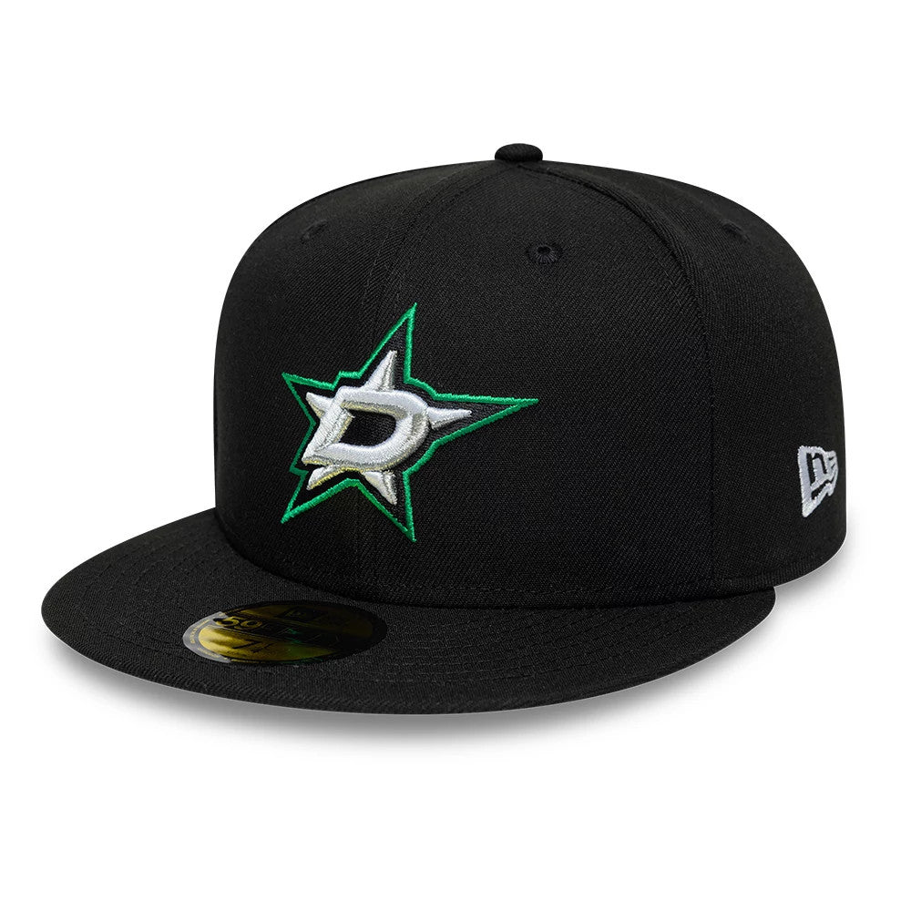 Dallas Stars NHL Basic Black New Era 59FIFTY Fitted Cap, front view showing the raised embroidered Dallas Stars logo on the front panel in silver and green, with a flat black visor and a gold 59FIFTY size sticker on the visor.