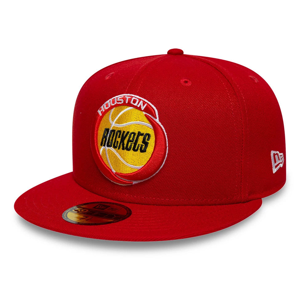 Houston Rockets NBA Hardwood Classic Red New Era 59FIFTY Fitted Cap, front view showing the raised embroidered team logo in red, yellow, and white on the front panels, with a matching red flat visor and a gold 59FIFTY size sticker on top.