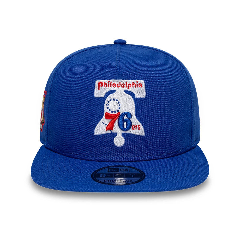 Pictured is this NBA Hardwood Classic Philadelphia 76ers 9FIFTY A-Frame Snapback cap in blue. 3