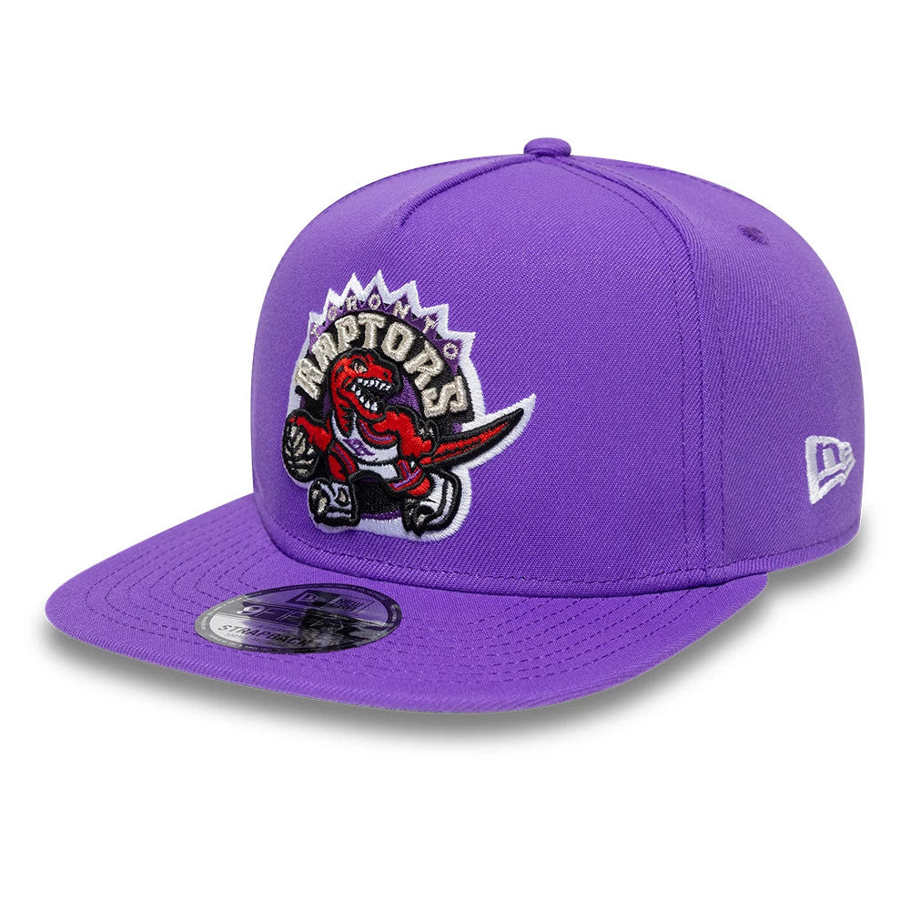 Toronto Raptors NBA Hardwood Classic Bright Purple New Era 9FIFTY A-Frame Snapback Adjustable Cap, front view showing a raised embroidered team logo on the front panel, the bright purple flat visor, and a 9FIFTY size sticker.