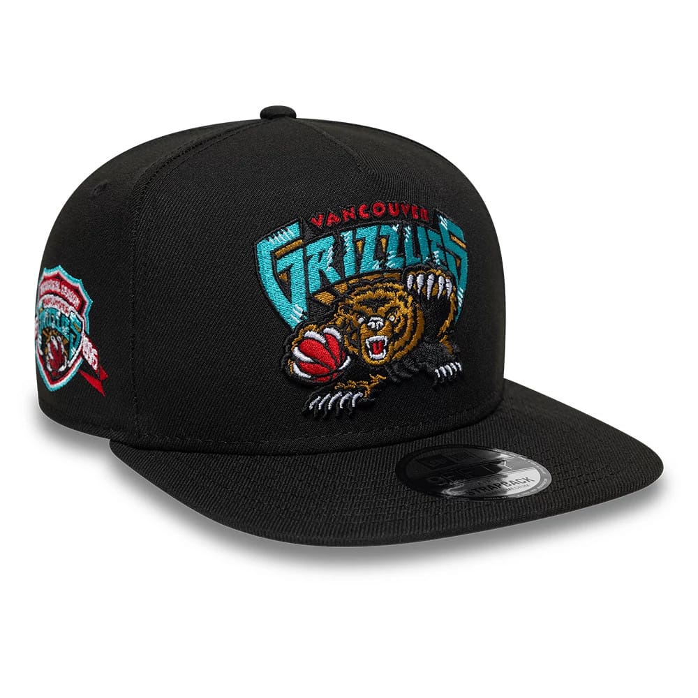 Pictured is this NBA Hardwood Classic Vancouver Grizzlies 9FIFTY A-Frame Snapback cap in black. 1