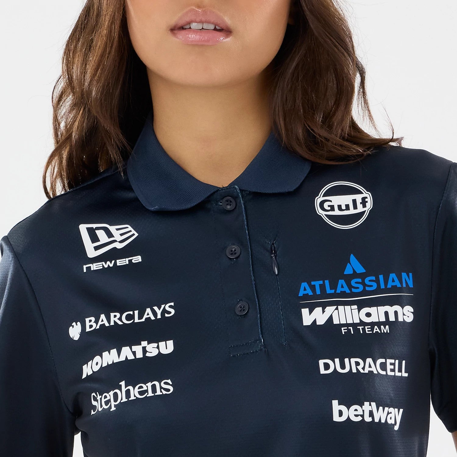 The model is wearing this Womens Williams GB Race Special Tech Polo T-Shirt in navy. 4