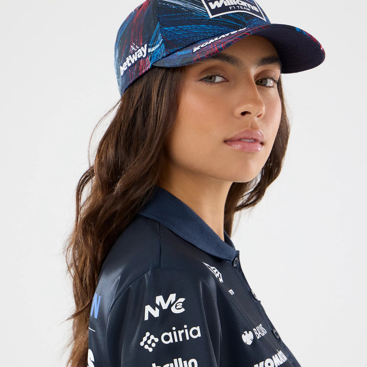 The model is wearing this Womens Williams GB Race Special Tech Polo T-Shirt in navy. 6