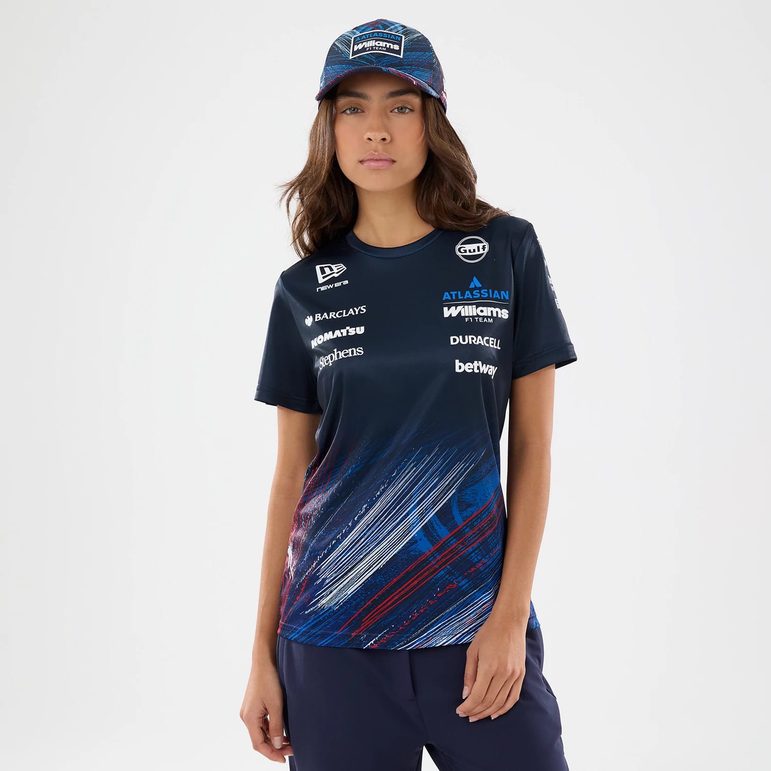 The model is wearing this Womens Williams GB Race Special Tech T-Shirt in navy. 1