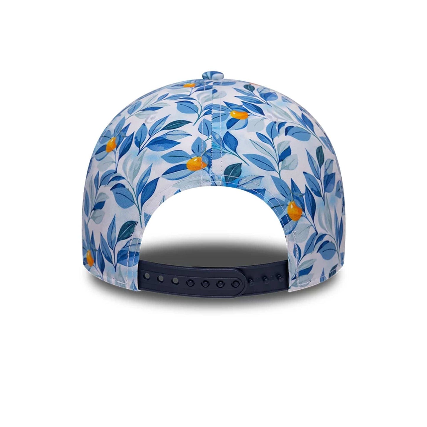 Williams Barcelona Race Special Multi New Era 9FORTY Adjustable Cap, rear view showing a blue and orange leaf and fruit pattern across the back panels, with a dark blue adjustable strap and structured crown.