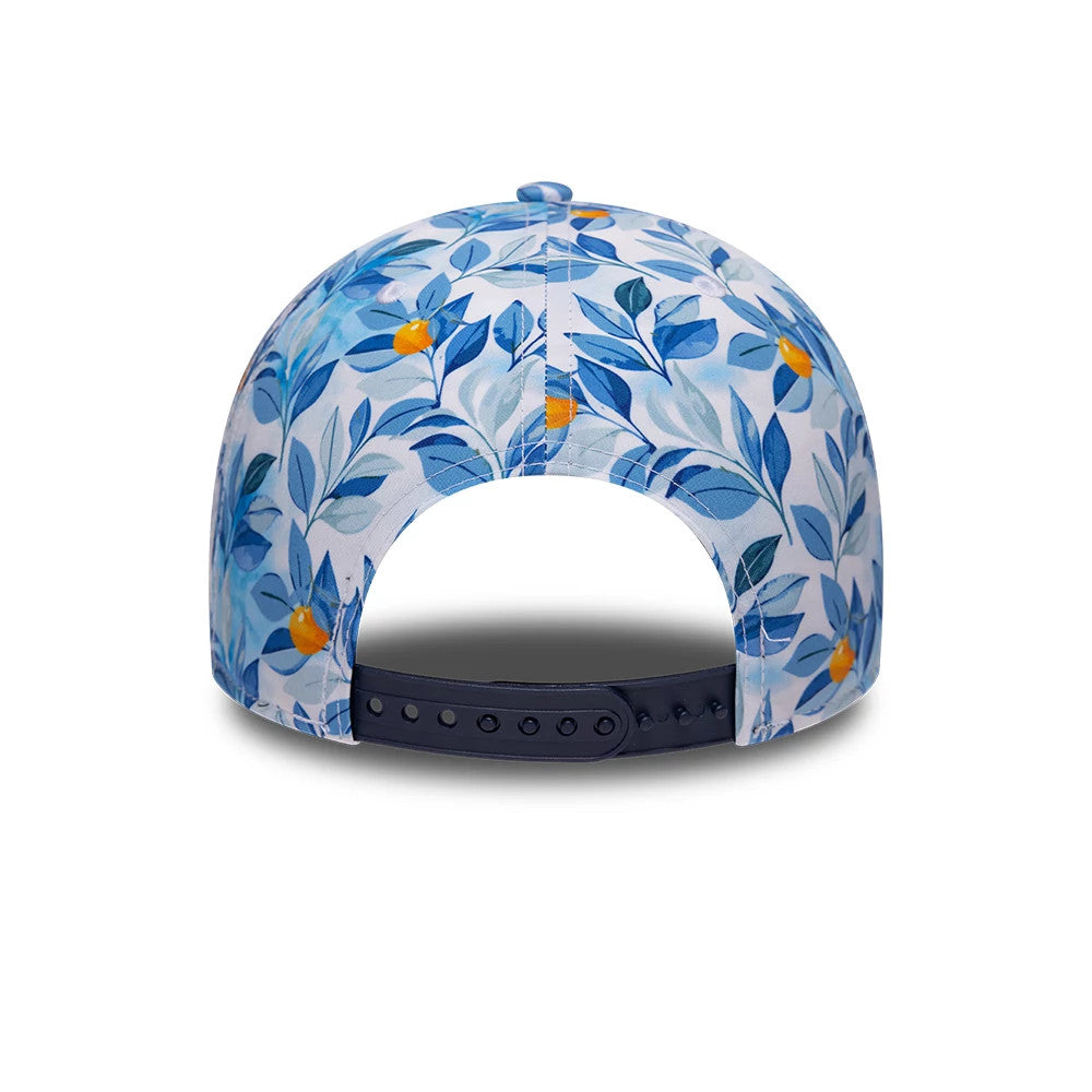 Williams Alex Albon Barcelona Race Special Multi New Era 9FORTY Adjustable Cap, rear view showing a vivid floral pattern with blue leaves and orange accents, emphasised by a navy adjustable strap at the back of the cap's structured crown.