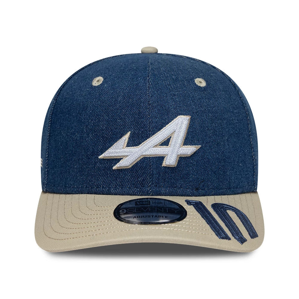 Alpine Racing Austin Race Special Pierre Gasly Navy New Era 9SEVENTY Stretch Snap Adjustable Cap, front view showing the embroidered white A logo on the structured navy crown, with a contrasting beige visor featuring the 9SEVENTY size sticker.