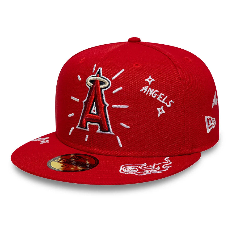LA Angels MLB Scribble Red New Era 59FIFTY Fitted Cap, three-quarter view showing the raised red and white embroidered Angels logo on the front panel, white script and star graphics, and a gold 59FIFTY size sticker on the flat visor.