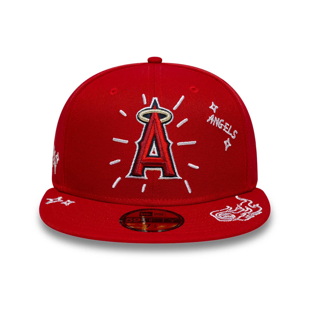 LA Angels MLB Scribble Red New Era 59FIFTY Fitted Cap, front view showing a large red and white embroidered A logo with a halo on the front panel, accompanied by scribble-style stars and graphics on the visor and panels.