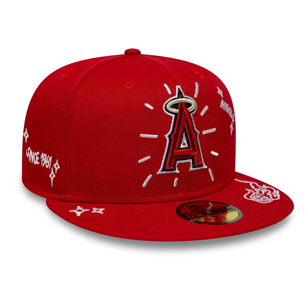 LA Angels MLB Scribble Red New Era 59FIFTY Fitted Cap, three-quarter view showing raised black and white Angels A embroidery with a halo on the front panel, white Since 1961 embroidery on the side, and a gold 59FIFTY size sticker on the red visor.