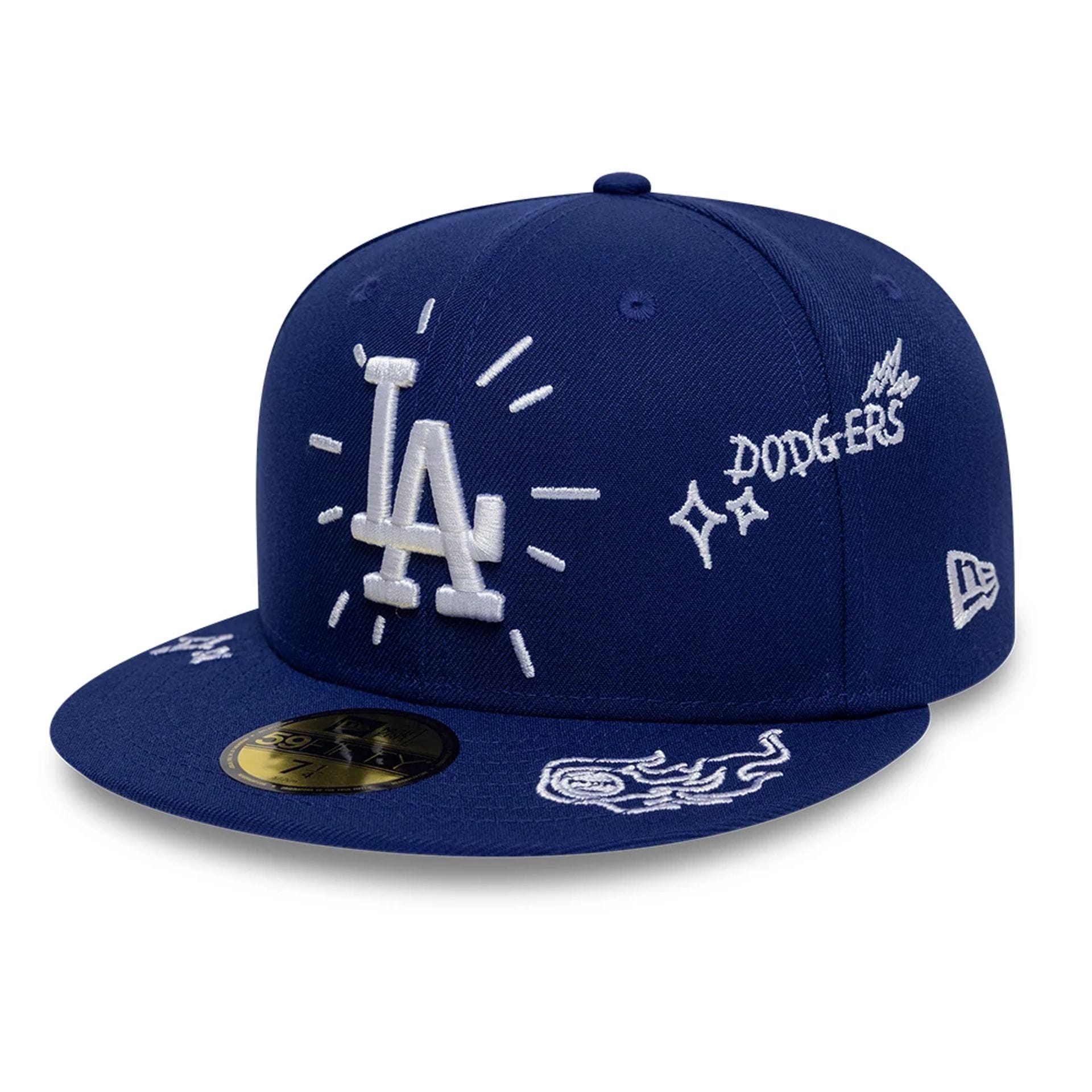 Pictured is this MLB Scribble LA Dodgers 59FIFTY Fitted cap in dark blue. 1