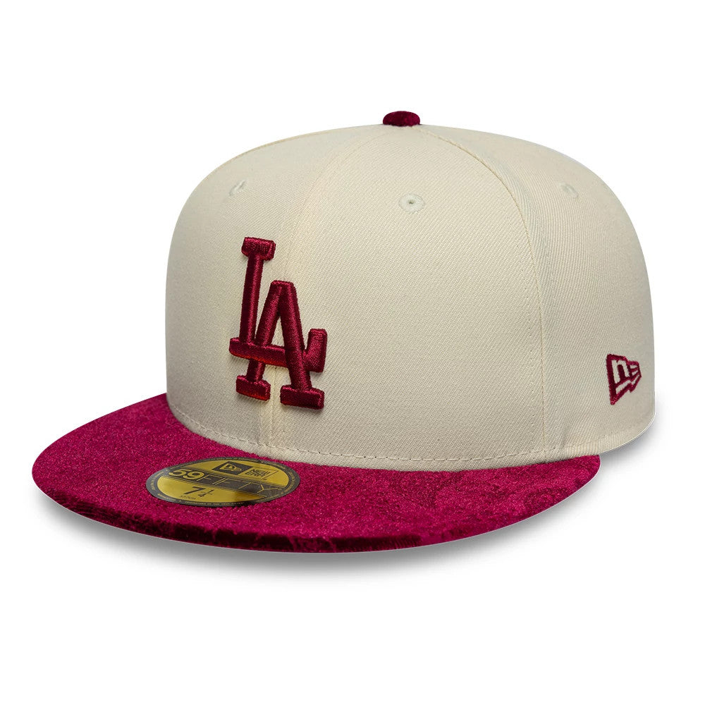 LA Dodgers MLB Paisley Visor Cream New Era 59FIFTY Fitted Cap, three-quarter view showing the burgundy embroidered LA logo on the front panel, a matching paisley pattern on the visor, and the New Era flag logo on the left side.