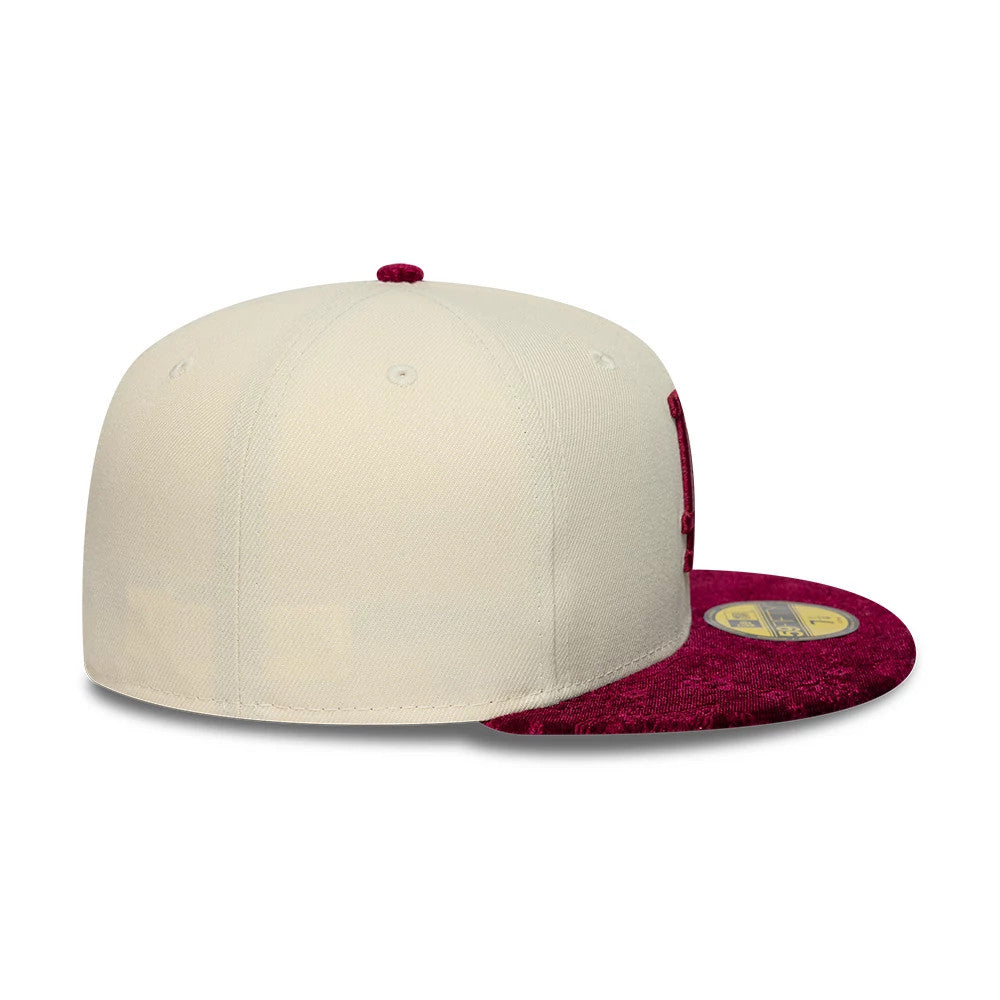 LA Dodgers MLB Paisley Visor Cream New Era 59FIFTY Fitted Cap, side view showing red New Era flag logo on left side, a flat burgundy paisley-patterned visor with a gold 59FIFTY size sticker, and a matching red top button.