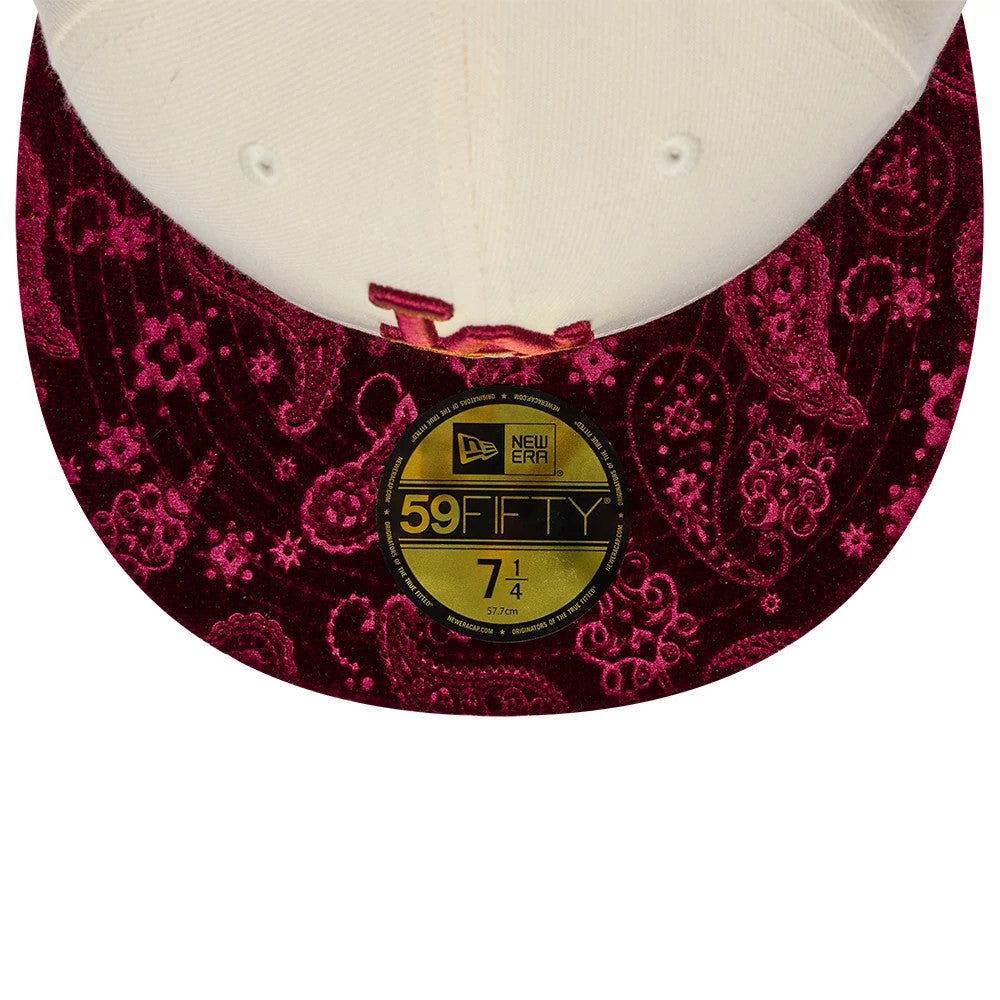 LA Dodgers MLB Paisley Visor Cream New Era 59FIFTY Fitted Cap, underside view showing the intricate red paisley pattern on the visor, with an embroidered LA logo in red on the front cream panel and a gold 59FIFTY size sticker in the centre.
