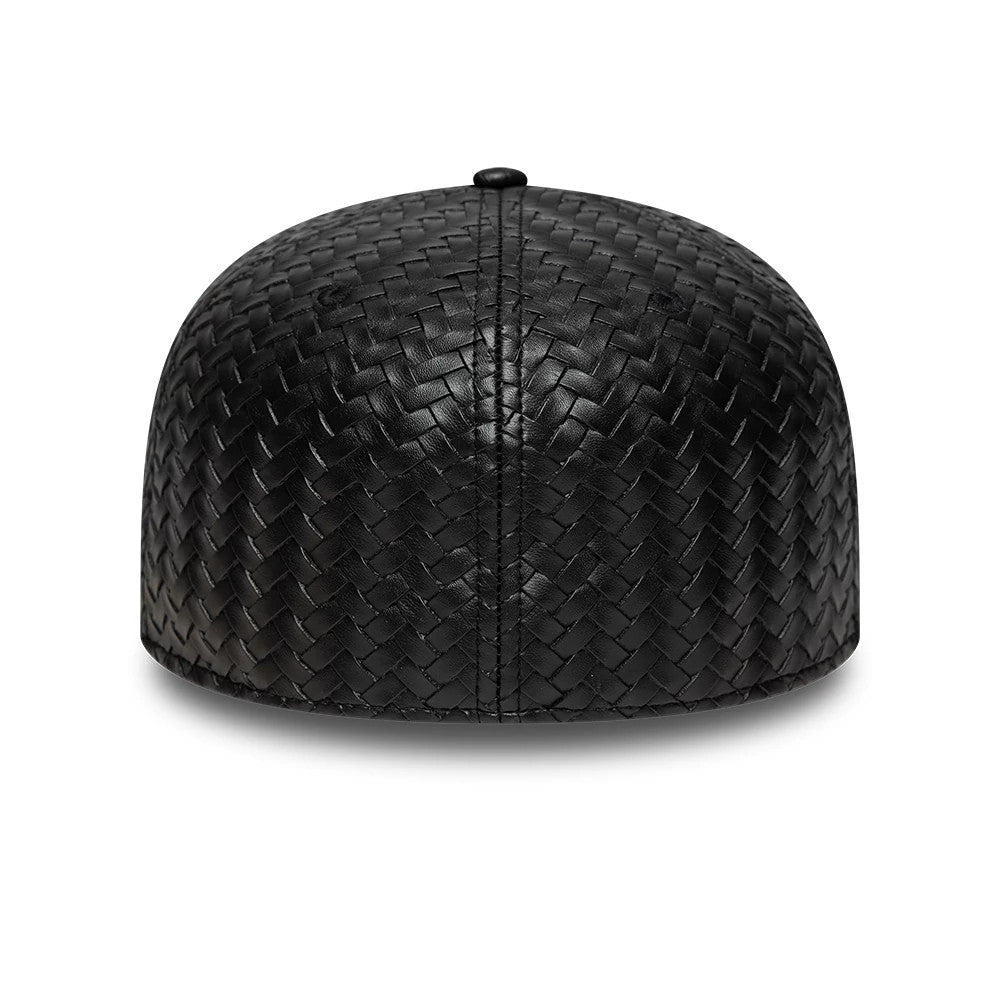 New Era Woven PU Black 59FIFTY Fitted Cap, rear view showing a seamless pattern of interwoven black PU strips across the entire structured crown, with a black top button completing the elegant modern design.