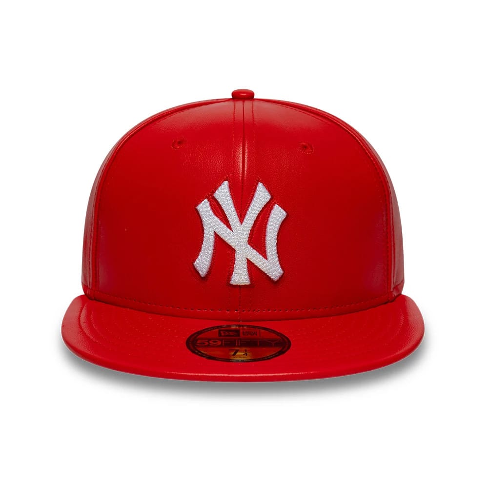 Pictured is this MLB Leather New York Yankees 59FIFTY Fitted cap in red. 3