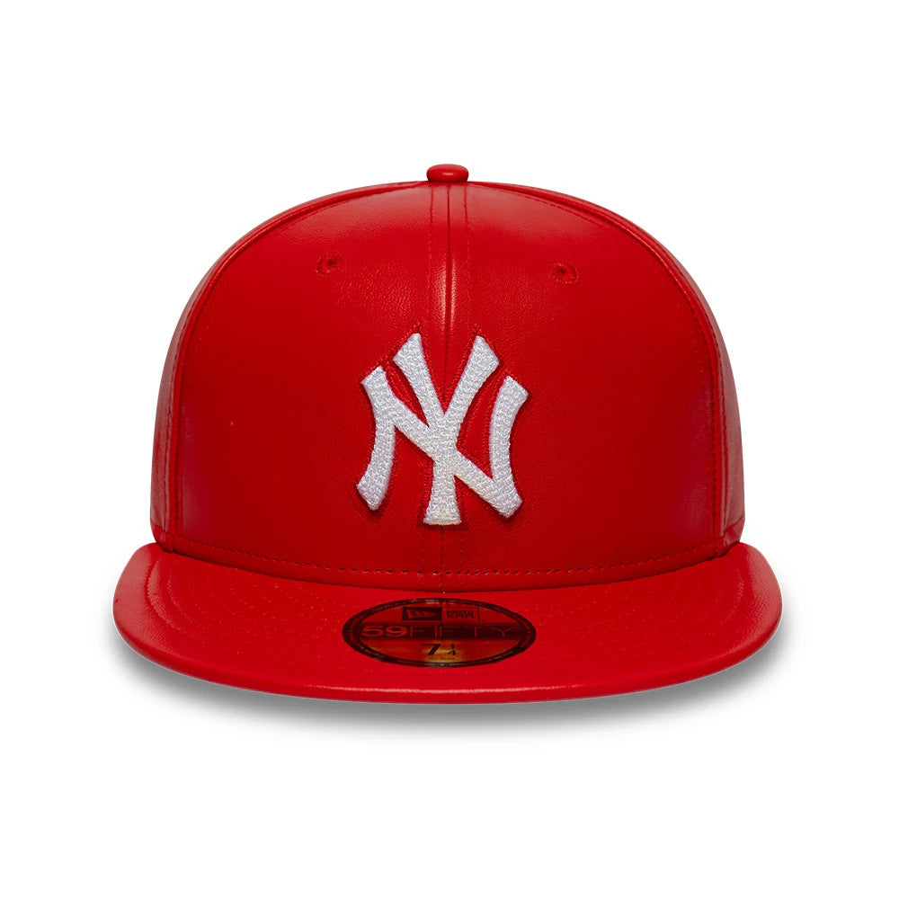 New York Yankees MLB Leather Red New Era 59FIFTY Fitted Cap, front view showing a raised white embroidered Yankees logo on the structured red leather crown, complemented by a red flat visor and a gold 59FIFTY size sticker.
