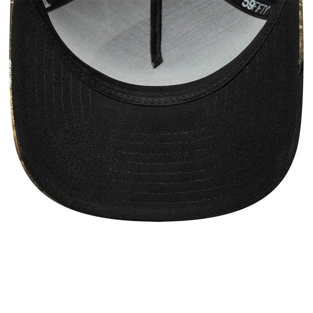 Detroit Tigers MLB Split Realtree Black New Era 59FIFTY A-Frame Fitted Cap, inside view showing a grey undervisor, contrasting black sweatband with repeating 59FIFTY branding, and black taping along the seams of the structured crown.