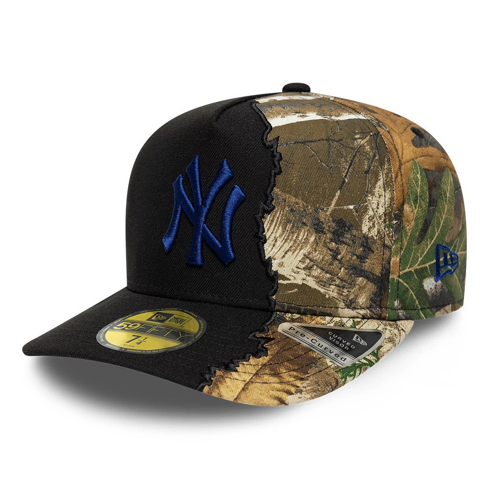 New York Yankees MLB Split Realtree Black New Era 59FIFTY A-Frame Fitted Cap, front view showing the raised blue NY logo embroidered on the black panel, with a Realtree camo pattern on one half and a gold 59FIFTY size sticker on the black visor.