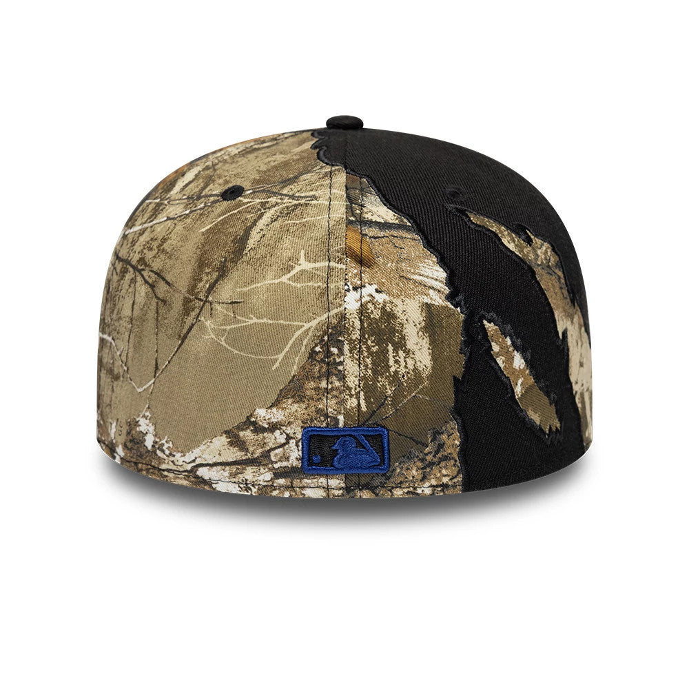 New York Yankees MLB Split Realtree Black New Era 59FIFTY A-Frame Fitted Cap, rear view showing the dark blue embroidered MLB Batterman logo at the centre of the structured crown, featuring a split design with Realtree camo and black panels.