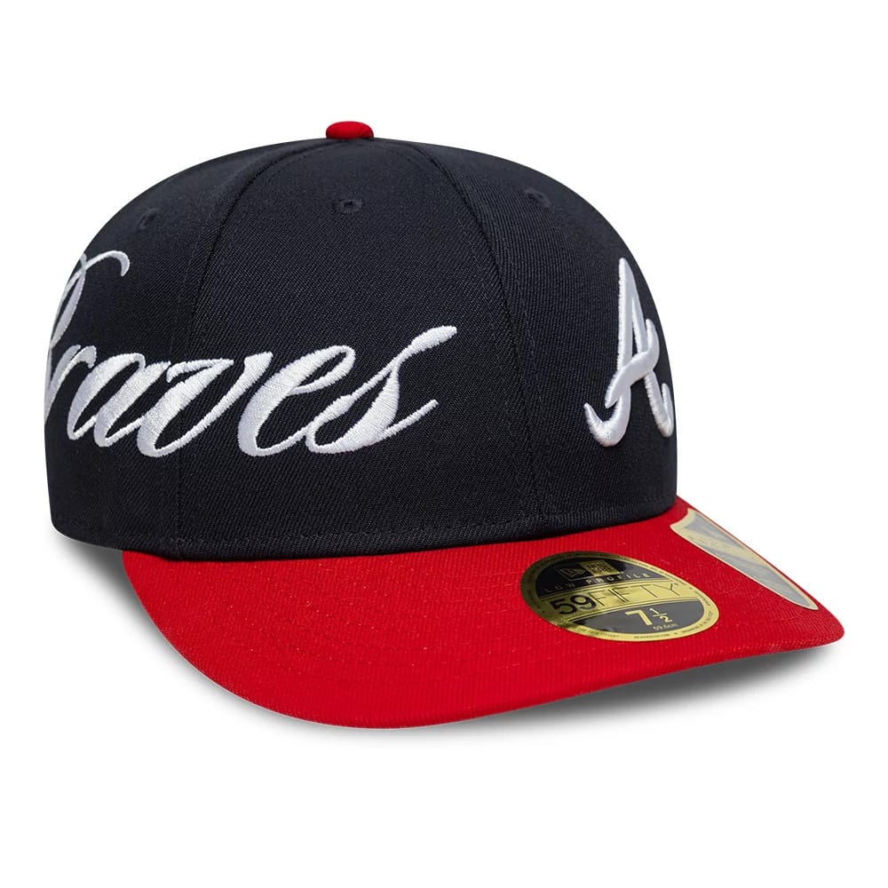 Pictured is this MLB Side Script Atlanta Braves Low Profile 59FIFTY Fitted cap in navy. 1