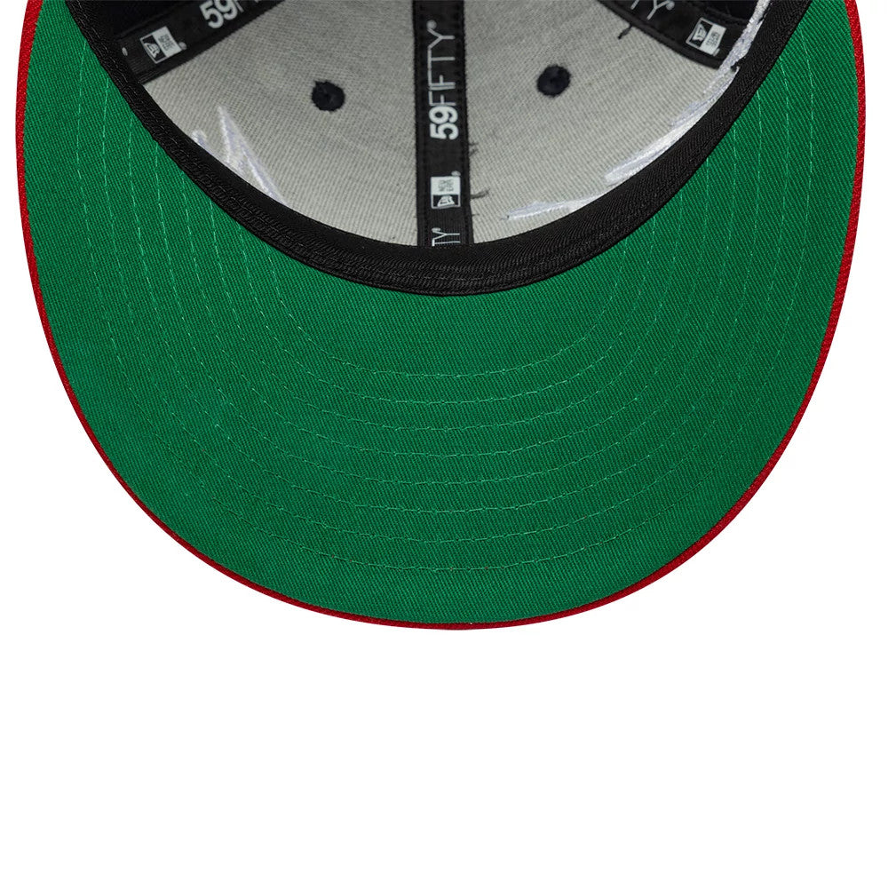 Atlanta Braves MLB Side Script Navy Low Profile New Era 59FIFTY Fitted Cap, inside view showing a green undervisor, black sweatband with grey 59FIFTY taping, and red edge detail around the visor.