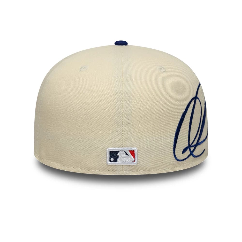 Pictured is this MLB Side Script LA Dodgers Low Profile 59FIFTY Fitted cap in Cream. 6