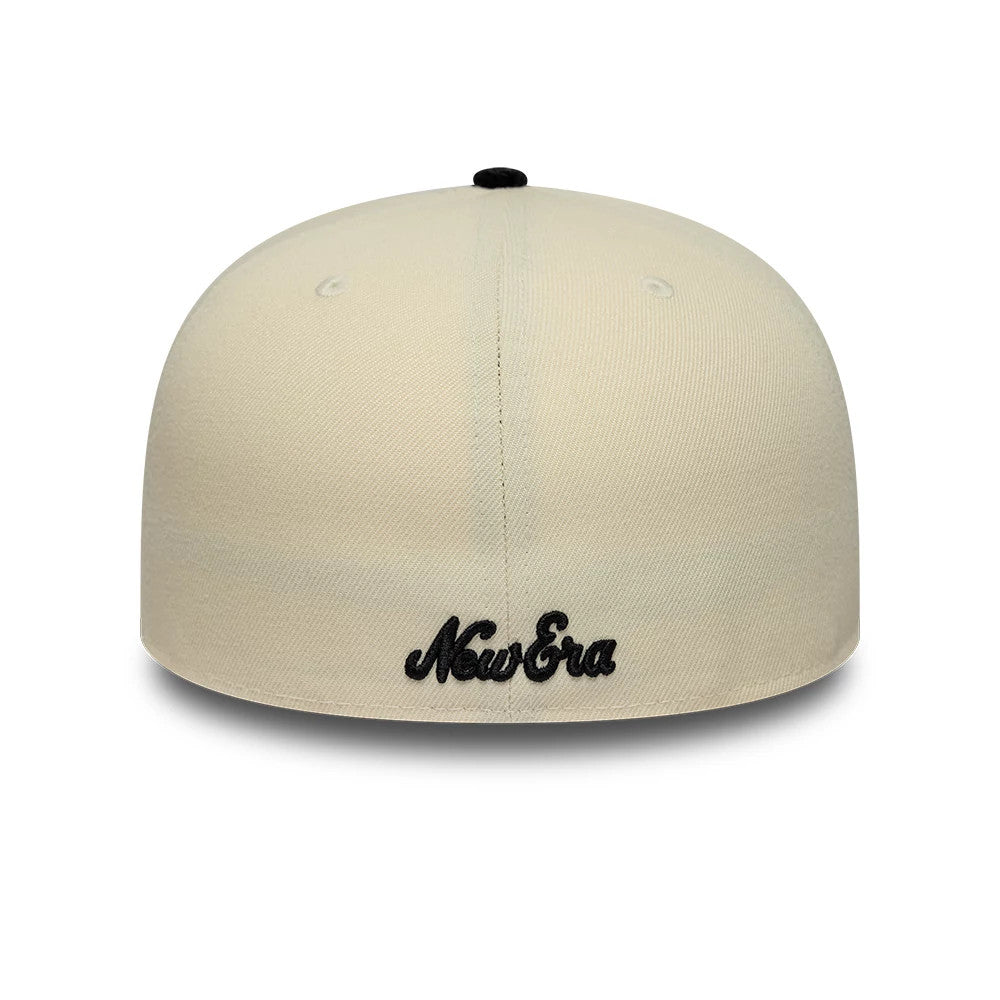 New Era Paisley Visor Light Beige 59FIFTY Fitted Cap, rear view showing the black embroidered New Era script logo at the centre of the back panels, with a structured light beige crown and black top button accent.