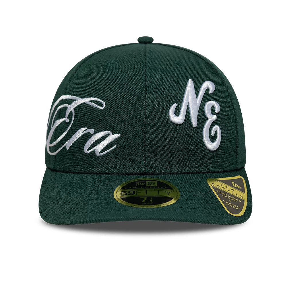 New Era Side Script Dark Green Low Profile 59FIFTY Fitted Cap, front view showing raised white embroidered Era script and NE logo on the crown, with a dark green visor, and a gold 59FIFTY size sticker on the visor.