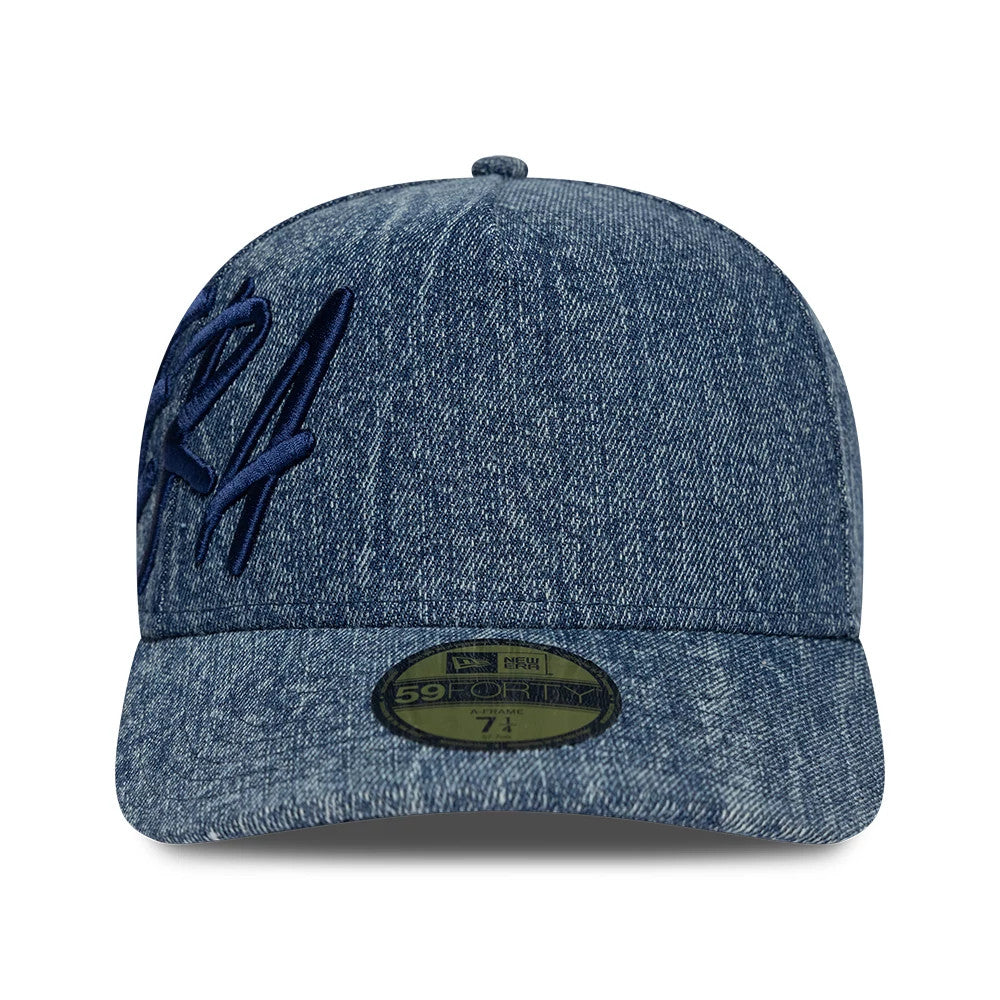 New Era Denim Navy 59FORTY A-Frame Fitted Cap, front view showing the raised navy embroidered logo on the front panel, matching denim visor, and the gold 59FORTY size sticker centrally placed on the visor.