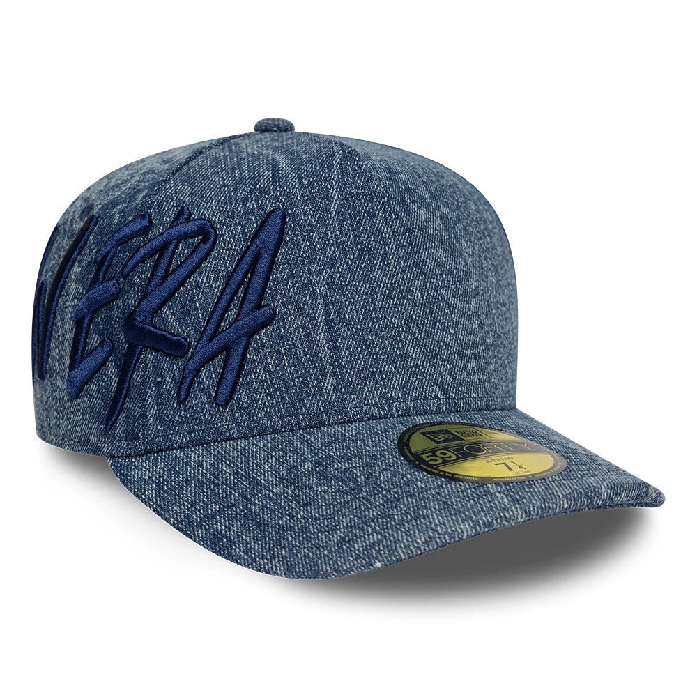 New Era Denim Navy 59FORTY A-Frame Fitted Cap, three-quarter view showing raised navy embroidered New Era lettering on the front panel, a curved denim visor, and a gold 59FORTY size sticker on the top of the visor.