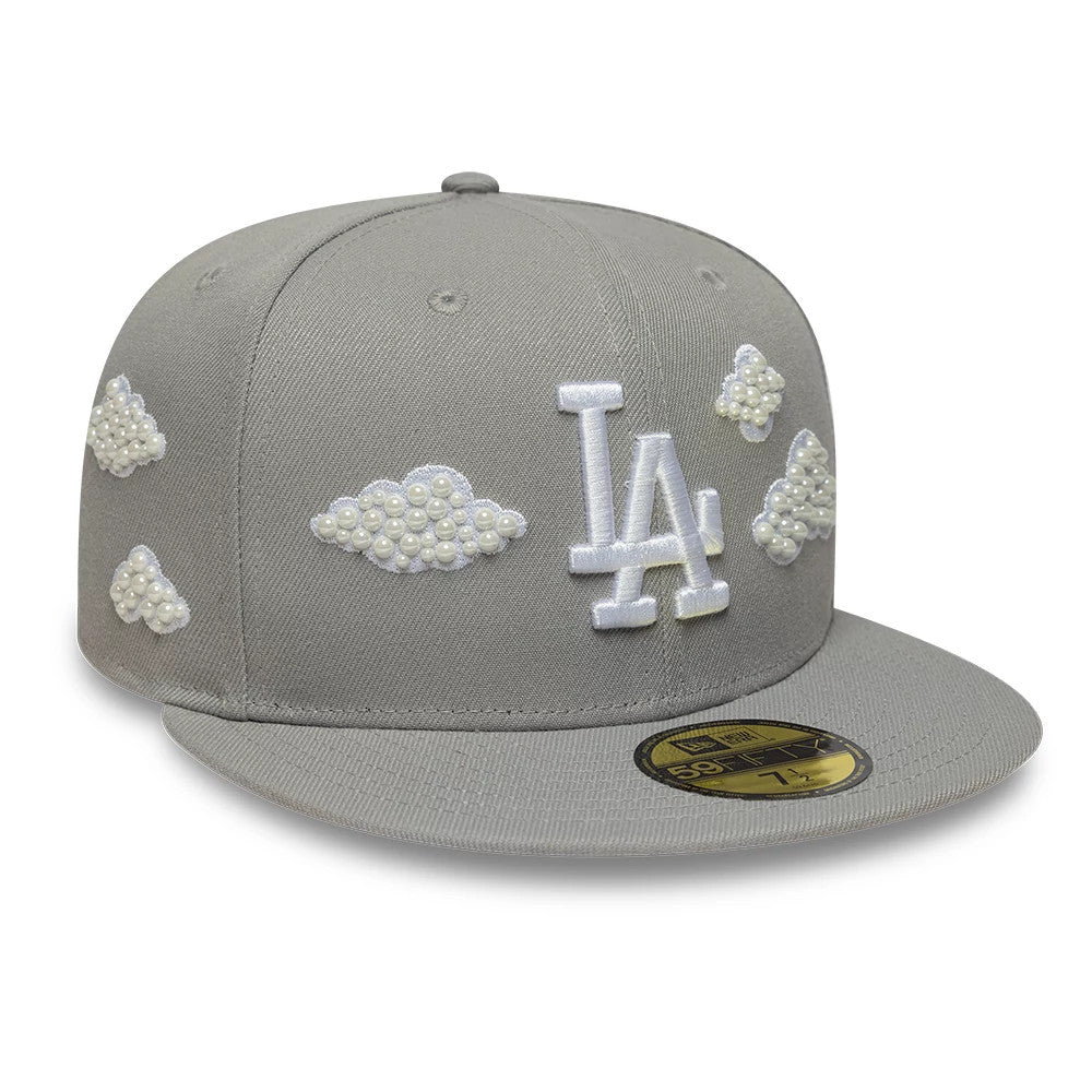 LA Dodgers MLB Faux Pearl Cloud Grey New Era 59FIFTY Fitted Cap, front view showing the raised white LA logo on the front panel, adorned with faux pearl cloud patterns, and featuring a gold 59FIFTY size sticker on the grey visor.