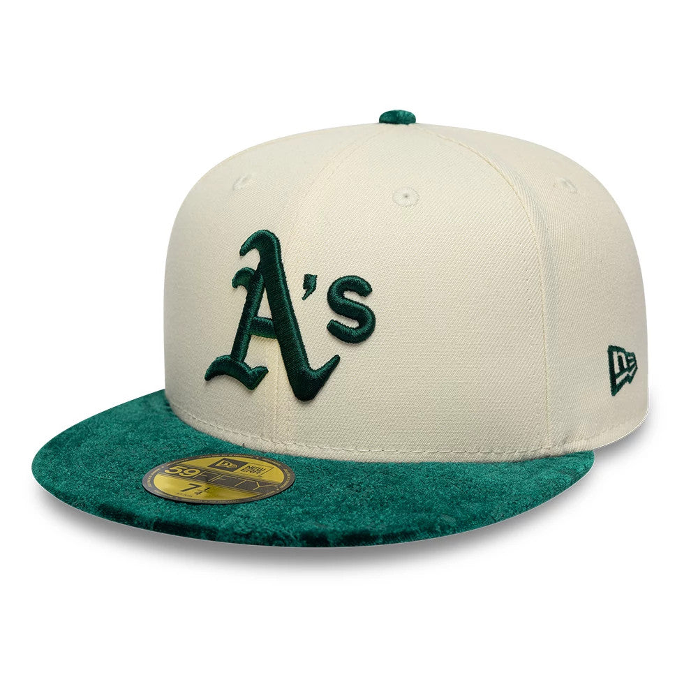 Athletics MLB Paisley Visor Cream New Era 59FIFTY Fitted Cap, front view showing a green embroidered A's logo on the cream front panels, a green paisley-patterned visor, and a gold 59FIFTY size sticker on the flat visor.