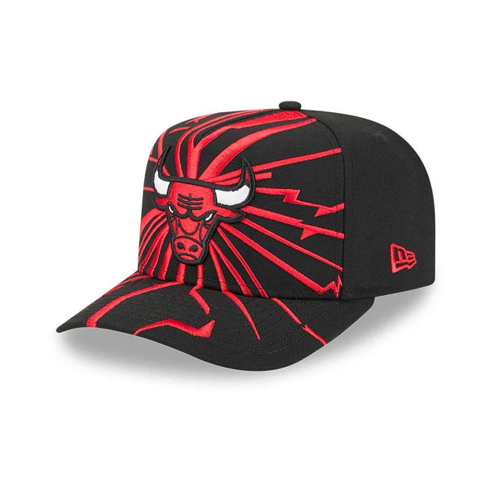 Chicago Bulls NBA Shattered Black New Era 9FORTY A-Frame Adjustable Cap, front view showing the raised red and black embroidered Bull logo on the structured crown, with dynamic red shattered pattern extending onto the black curved visor.