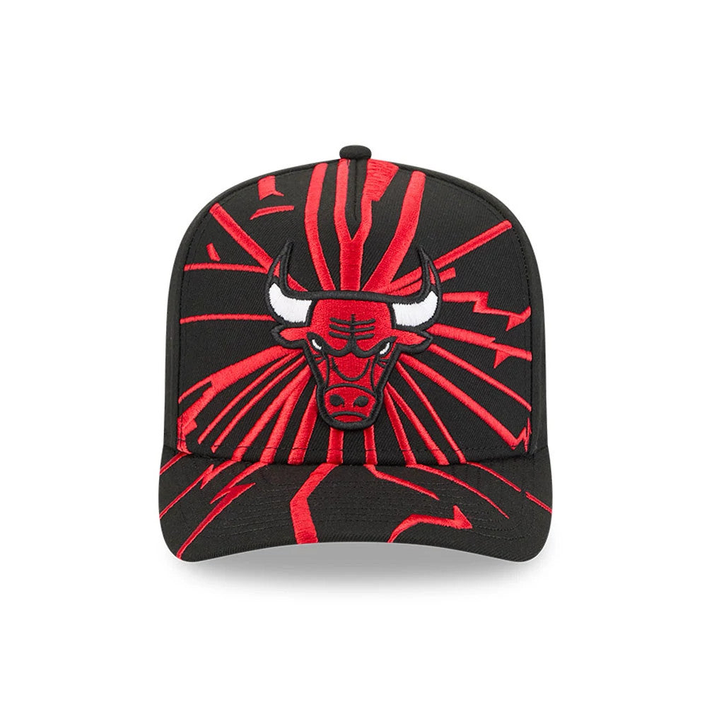 Chicago Bulls NBA Shattered Black New Era 9FORTY A-Frame Adjustable Cap, front view showing the red and white embroidered Bulls logo on the structured crown with a red shattered graphic pattern extending onto the curved visor.