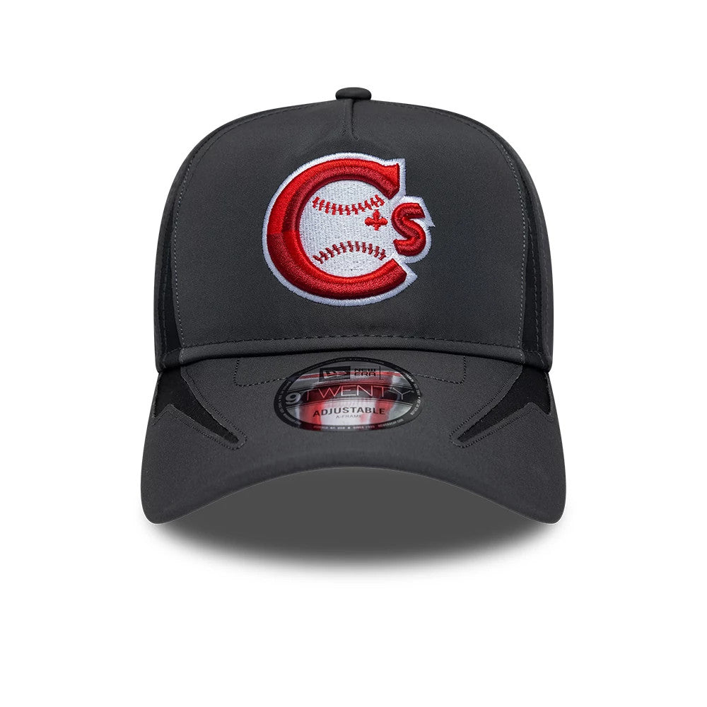 Vancouver Canadians MiLB Panel Charcoal New Era 9TWENTY A-Frame Adjustable Cap, front view showing the raised red and white embroidered C logo on the structured charcoal crown, black curved visor and the 9TWENTY size sticker on the visor.