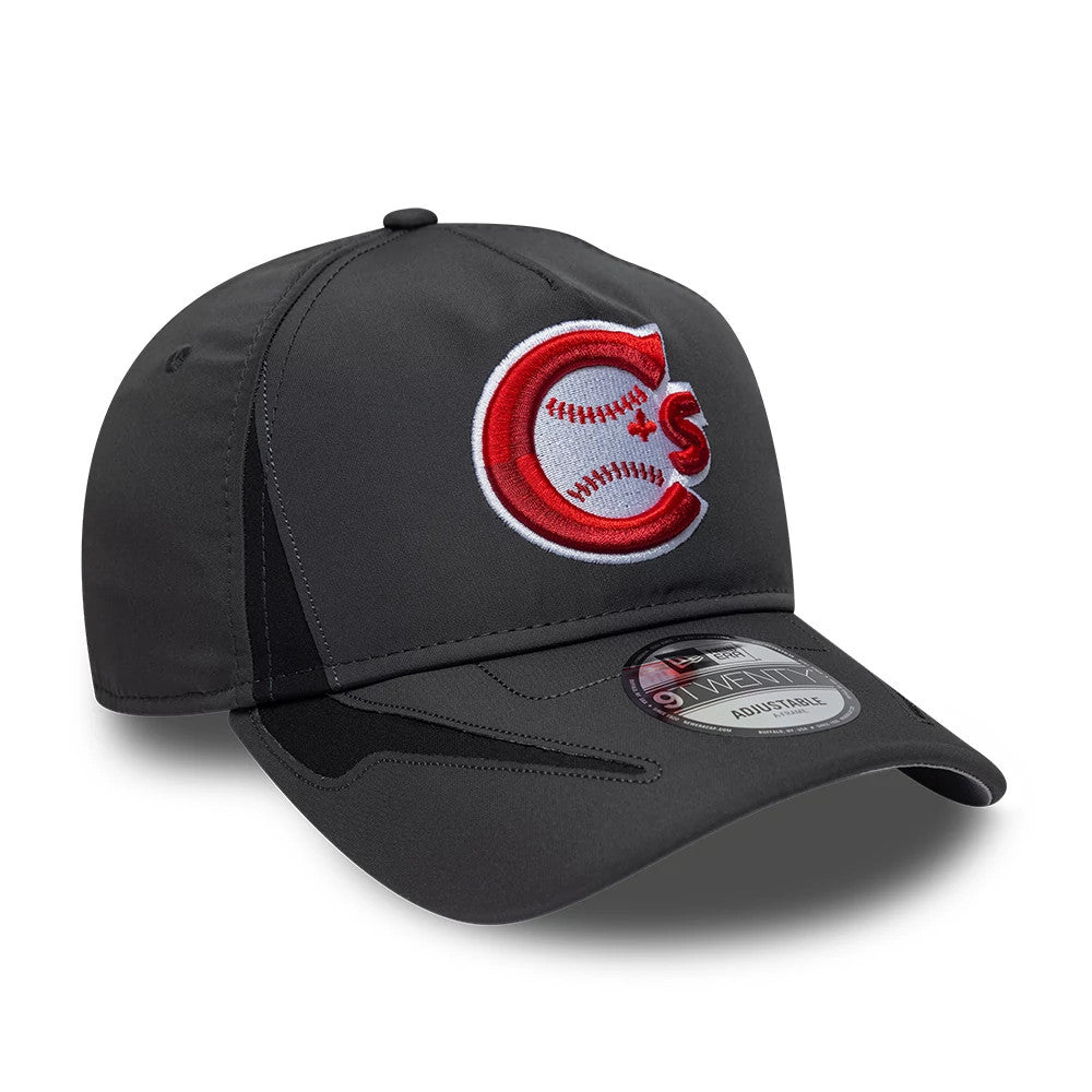 Vancouver Canadians MiLB Panel Charcoal New Era 9TWENTY A-Frame Adjustable Cap, three-quarter view showing the red and white embroidered logo on the front panel, with a curved charcoal visor and a 9TWENTY size sticker on the top.