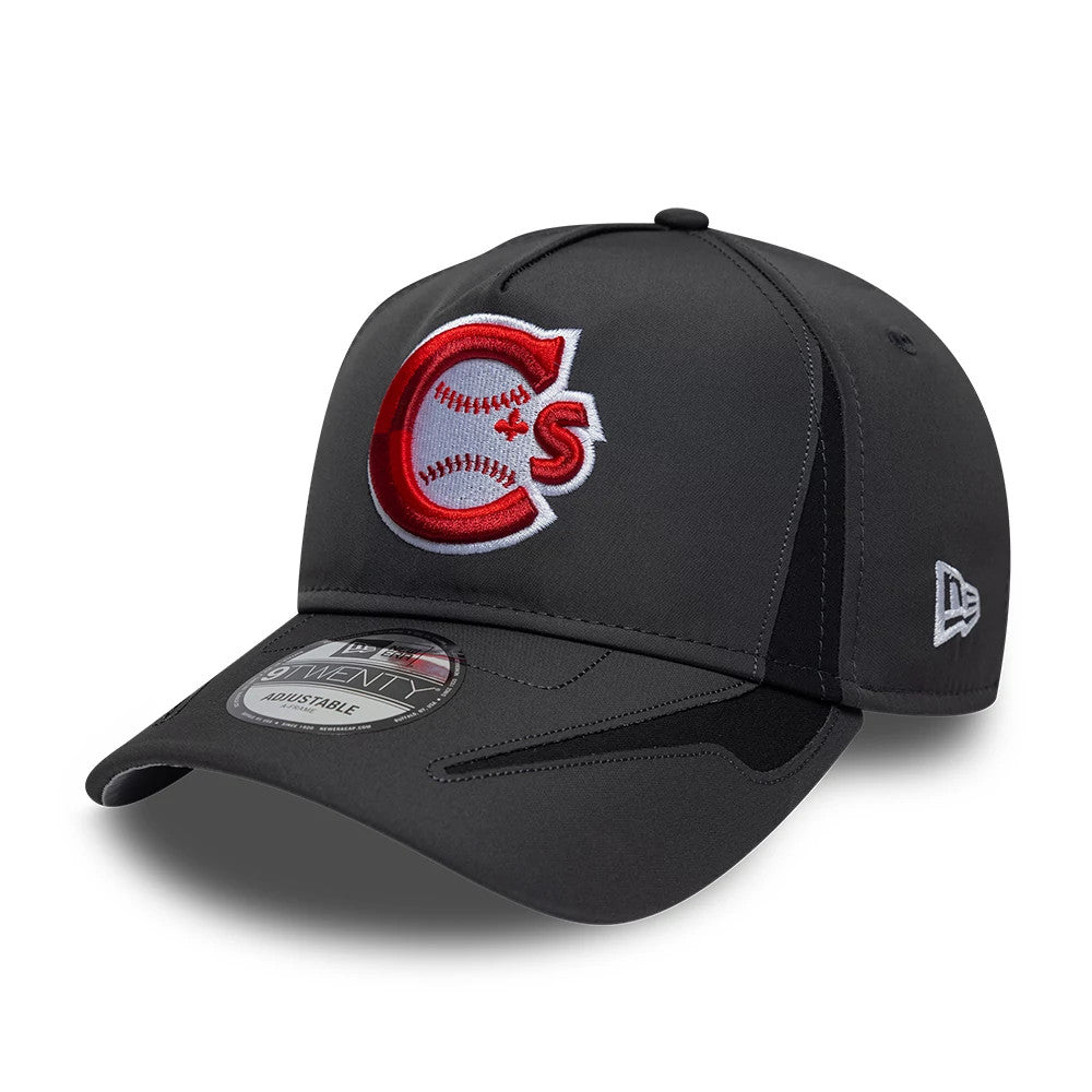 Vancouver Canadians MiLB Panel Charcoal New Era 9TWENTY A-Frame Adjustable Cap, front view showing a raised red and white Cs logo on the front panel, black curved visor with a 9TWENTY size sticker, and white New Era flag logo on the left side.