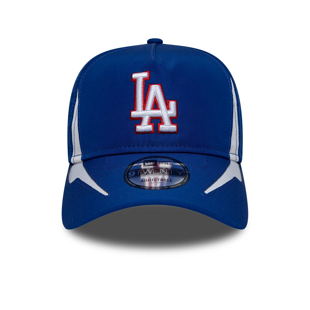 LA Dodgers MLB Panel Blue New Era 9TWENTY A-Frame Adjustable Cap, front view showing the raised white and red LA logo embroidered on the central blue panel, a 9TWENTY size sticker on the blue curved visor, and white side panels.