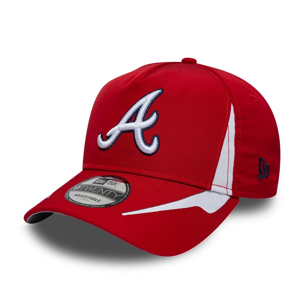 Atlanta Braves MLB Panel Red New Era 9TWENTY A-Frame Adjustable Cap, three-quarter view showing the raised white and navy embroidered A logo on the front panel, contrasting white side panels, and 9TWENTY size sticker on the curved red visor.