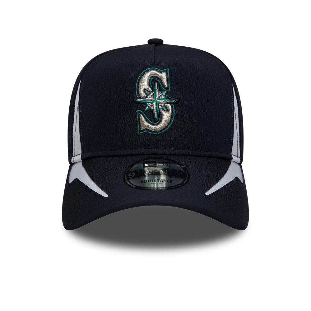 Seattle Mariners MLB Panel Navy New Era 9TWENTY A-Frame Adjustable Cap, front view showing the raised embroidered Mariners logo in silver and teal on the navy front panel, with a black 9TWENTY size sticker on the curved navy visor.