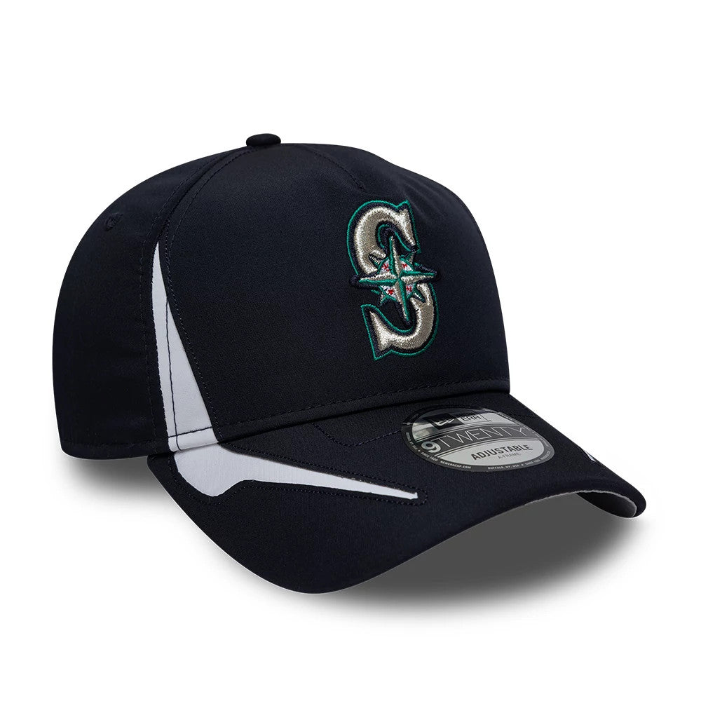 Seattle Mariners MLB Panel Navy New Era 9TWENTY A-Frame Adjustable Cap, three-quarter view showing the raised navy and teal embroidered team logo on the front panel, a 9TWENTY size sticker on the curved visor, and white side panels.