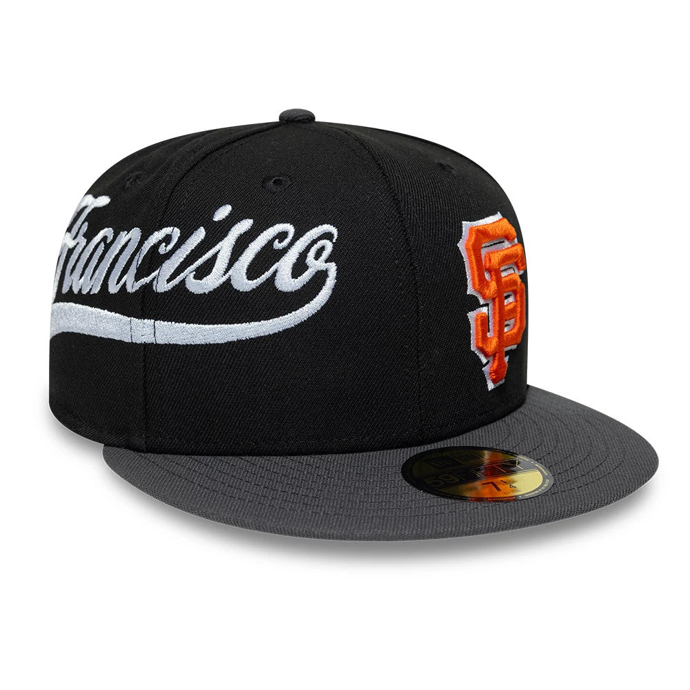 San Francisco Giants MLB Multi Logo Satin Lined Black New Era 59FIFTY Fitted Cap, three-quarter view showing a large white embroidered 'Francisco' script on the front panels, the orange SF logo on the side.