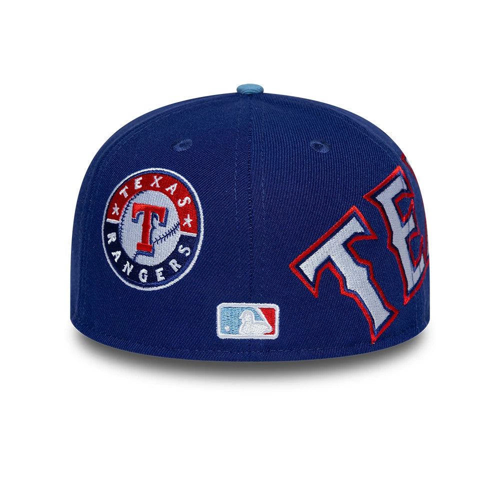Pictured is this MLB Multi Logo Texas Rangers 59FIFTY Fitted cap in dark blue. 3