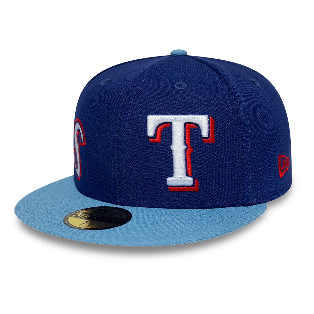 Pictured is this MLB Multi Logo Texas Rangers 59FIFTY Fitted cap in dark blue. 1