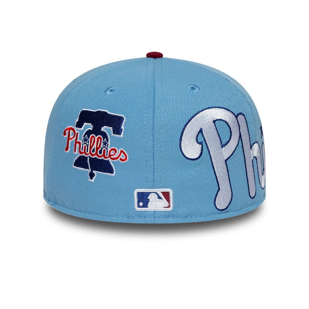Pictured is this MLB Multi Logo Philadelphia Phillies 59FIFTY Fitted cap in pastel blue. 4