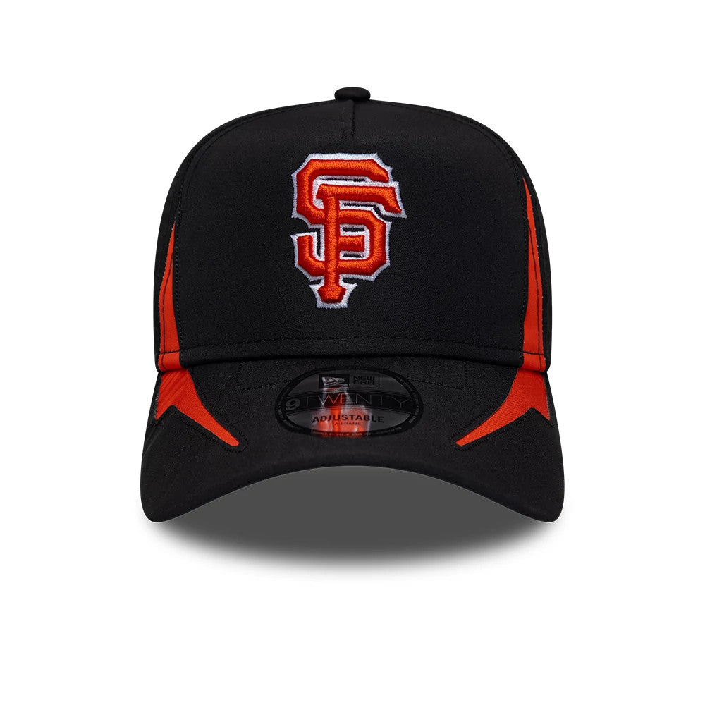 San Francisco Giants MLB Panel Black New Era 9TWENTY A-Frame Adjustable Cap, front view showing the orange and white embroidered SF logo on the front panel, with a curved black visor featuring an attached 9TWENTY size sticker.