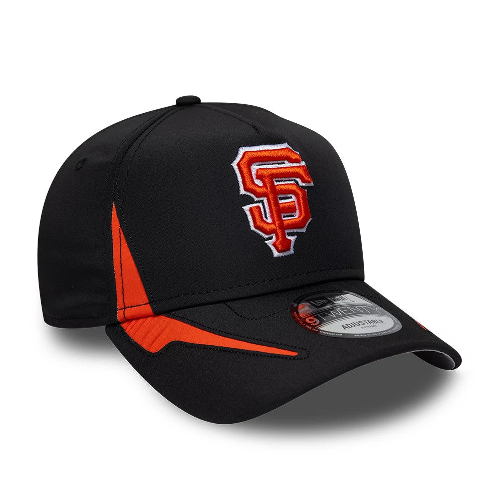 San Francisco Giants MLB Panel Black New Era 9TWENTY A-Frame Adjustable Cap, three-quarter view showing the orange and white embroidered SF logo on the front panel, black curved visor with a 9TWENTY size sticker, and orange on the sides.