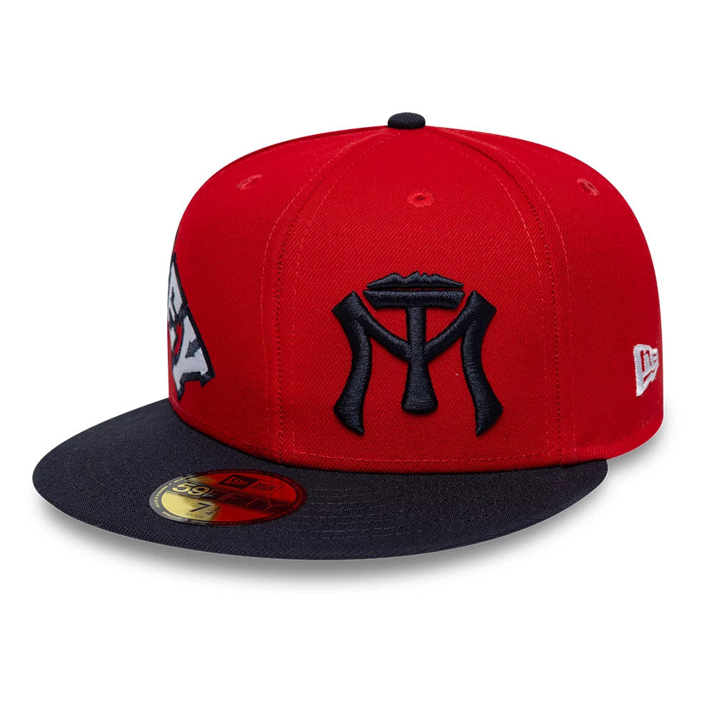 Sultanes De Monterrey LMB Multi Logo Satin Lined Red New Era 59FIFTY Fitted Cap, front view showing the large black MT logo embroidery on the front panel, a contrasting black visor with a gold 59FIFTY size sticker.