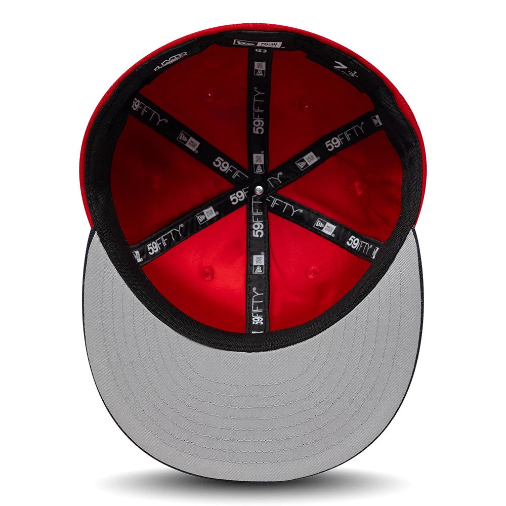 Sultanes De Monterrey LMB Multi Logo Satin Lined Red New Era 59FIFTY Fitted Cap, inside view showing the black 59FIFTY taping against the bright red satin lining, with a grey undervisor and black sweatband at the edge.